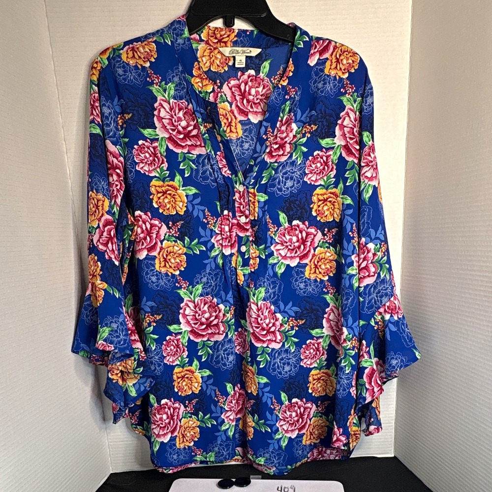 The Pioneer Woman Women's Blue Floral V-Neck 3/4 Flared Sleeve Ruffle Blouse XL